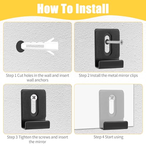 Image of 12 Pcs Metal Mirror Holder Clips Hanger Kit, Mirror Clips for Wall Mounting Holder Hanging with Screws Hooks Rubber Pads, Frameless Mounting Hardware Heavy Retainer for Tile Billboard Display(Black)