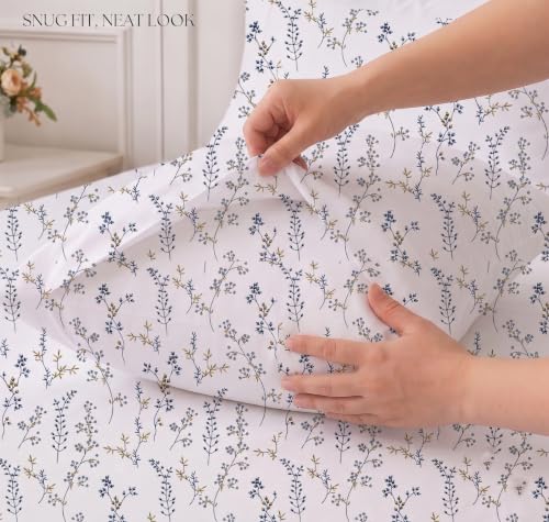 Image of IVAZA 240 TC Soft Ezyption Cotton Floral Print King Size Bedsheet - with 2 Pillow Covers, Hypoallergenic, Brethable, (Size- 90 x 90 Inch) Denim Blue