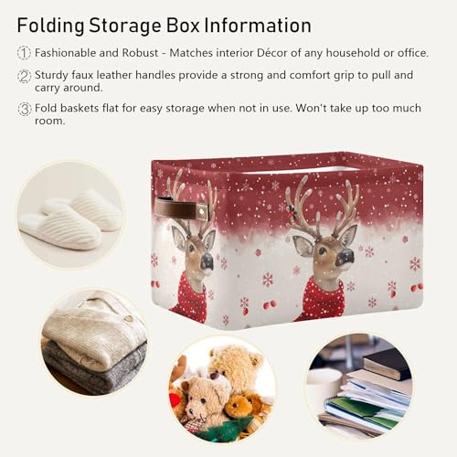 Image of Wamika Christmas Reindeer Storage Basket with Waterproof Liner and PU Handles Winter Snowflake Red Storage Bins Boxes 14.2 inch Collapsible Decorative Organizer Baskets for Bedroom Closet Office 1 Pack