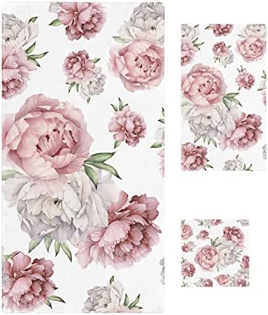Red White Pink Flowers Towel Sets for Bathroom,Microfiber Bath Kitchen Beach Hair Hand Yoga Dish Towels and Washcloths,Abstract Retro Florals White Backdrop Quick Dry Decorative Towels+Set Accessories