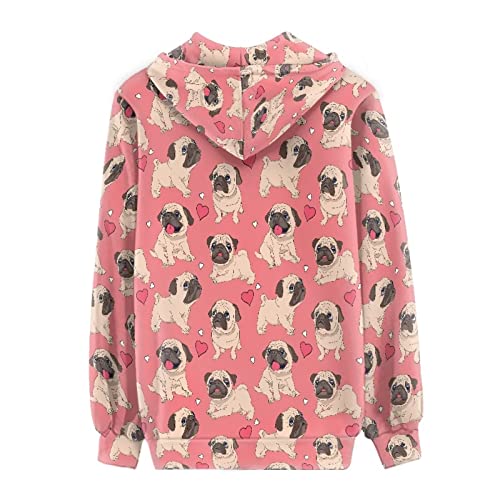 Biyejit Damen Langarm-Kapuzenpullover mit Reißverschluss und Kordelzug und Kapuze, lässiges Oberteil mit Taschen, Cartoon Mops Hund, 38