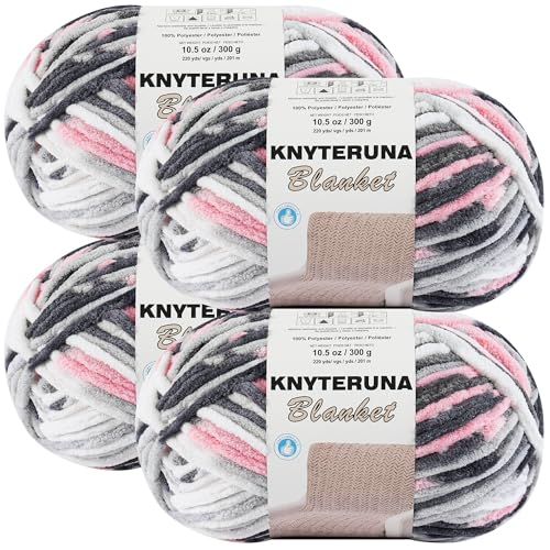 Image of #6 Super Bulky Blanket Yarn for Crocheting - 4 Skeins(Each 10.5oz /300g, 220yds /201m), Chunky Chenille Thick Plush Big Soft Yarn for Crocheting Knitting Blankets, Pink & Grey & White
