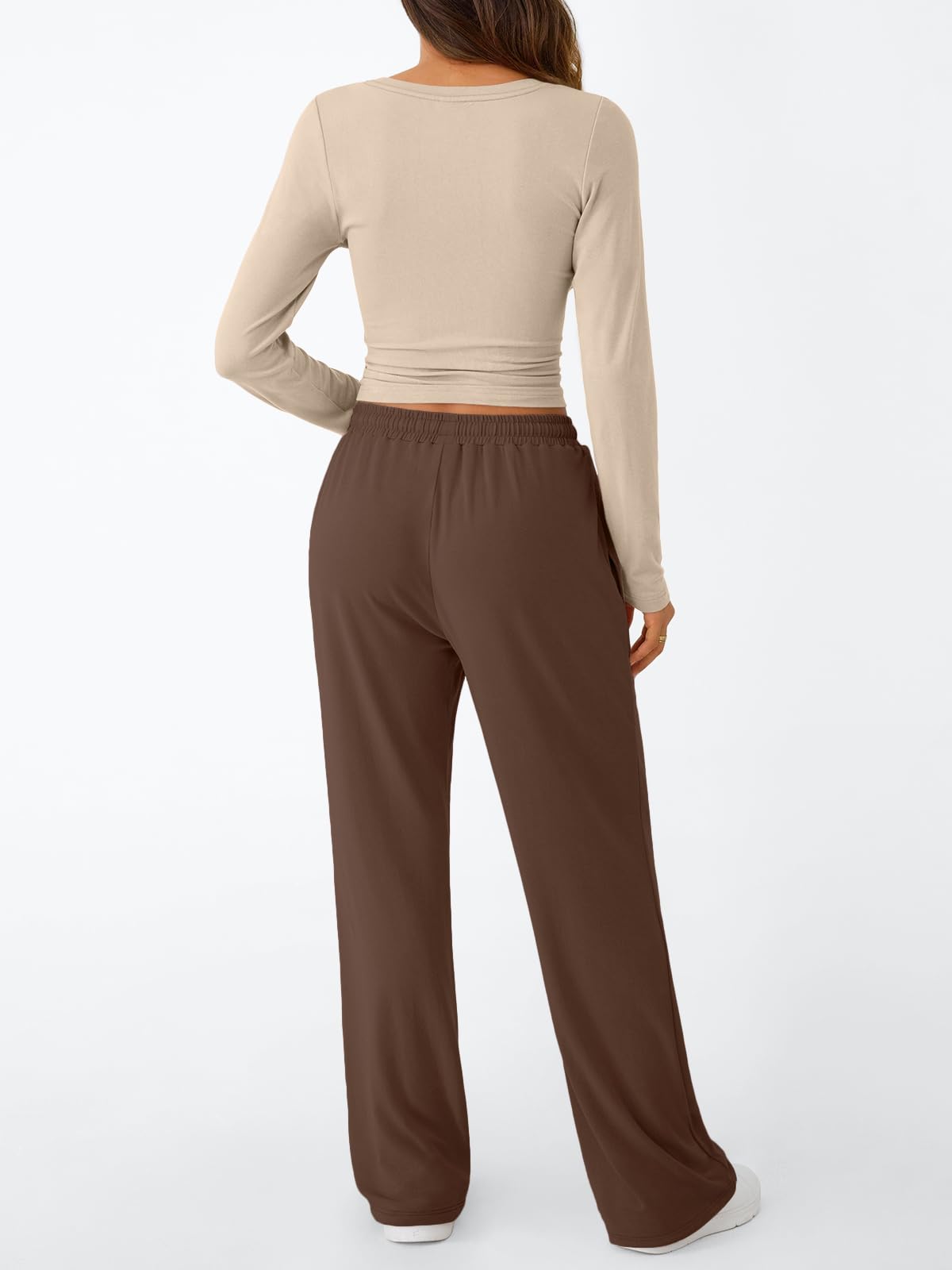 Trendy Queen Women's 2 Piece Matching Lounge Set Long Sleeve Side Ruching Top Wide Leg Drawstring Pants Set with Pockets