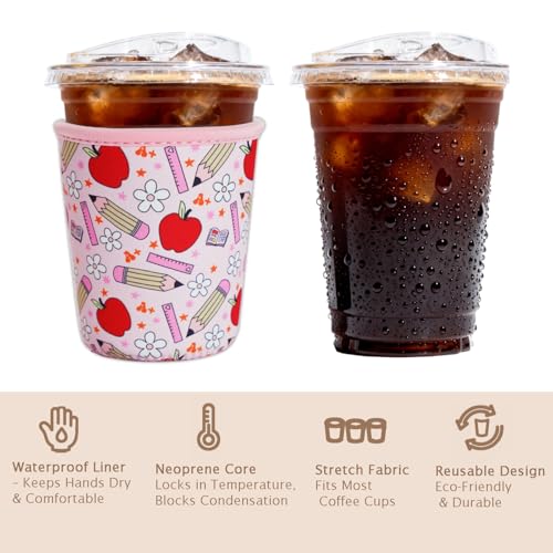 Image of Reusable Insulated Sleeve for Iced Coffee Cup, Coffee Neoprene Sleeve for Cold & Hot Drinks, Beverage Holder for Iced Coffee (Teacher Treasure, Medium: 22-24oz)