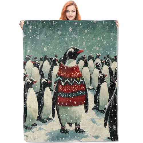 Couverture pingouin coloré 127x152 cm pour décoration de Noël et canapé