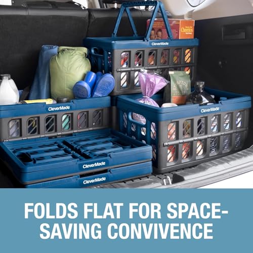Image of CleverMade Collapsible Shopping Basket with Handles - 24L Collapsible Grocery Tote, Plastic Storage Baskets Fold Flat, Stackable Collapsible Storage Bins for Car & Home - Stone