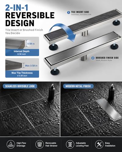 Image of 24 Inch Brushed Stainless Steel Linear Shower Drain | CUPC Certified 2-in-1 Tile Insert for Curbless Showers. 304 Steel, 15.8GPM Flow. Includes Hair Catcher & Adjustable Feet.