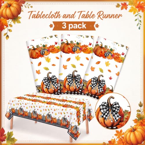 Image of Ganeen 3 Pcs Fall Pumpkin Tablecloth Thanksgiving Orange Pumpkin Maple Leaf Plastic Table Cloth Disposable Buffalo Plaid Table Cover for Fall Autumn Harvest Party Holiday Dining Decor, 108 x 54 Inch