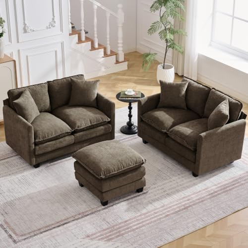 Image of Cloud 3 Pieces Sofa Set, 2+2 Seater Couch+1 Ottoman, Modern Sofas Sets with Deep Seat, Modular Sectional Couches Sets for Living Room, Bedroom, Small Apartment, Brown
