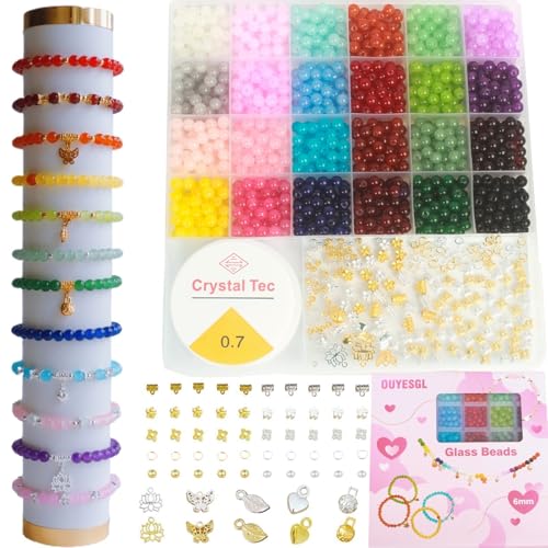 OUYESGL Glass Beads Bracelet Making Kit - 1400 Pcs 6mm Crystal Beads for Jewelry Making, 24 Colors, Friendship Bracelet DIY Crafts