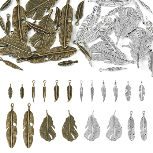 Boutigem 40Pcs Tibetan Feather Charms Antique Bronze Silver Plumage Feather