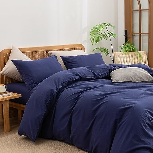 Image of BESTOUCH Cotton Solid Duvet Cover Set Linen Feel Navy Blue Twin | Washed Cotton, Linen Feel, Soft Wrinkle Texture, Hidden Zipper, 8 Ties, Breathable Lightweight Durable Comfy, 2Pcs No Insert