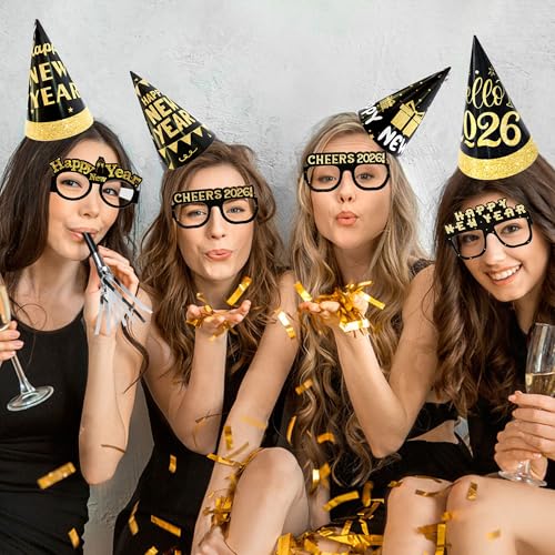 mortd 24 Pcs New Year 2026 Party Supplies Kit, Happy New Year Glasses Paper Glasses Gold & Silver Metallic Fringed Noisemakers for 2026 NYE Celebrations Decoration Party Supplies