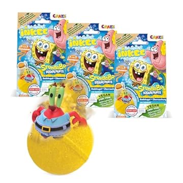 INKEE SpongeBob SquarePants 3 Pack di 3 bombe da bagno SpongeBob - 3 di 6 figure di SpongeBob SquarePants da collezionare - 3x palline da bagno da 80g al gusto di gomma da masticare e olio di jojoba