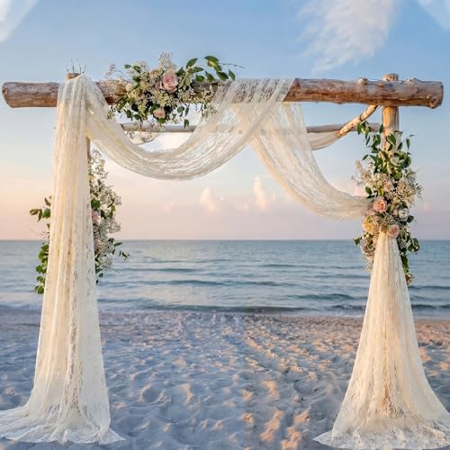 Image of HunnmingRe 4 Panel Ivory White Wedding Arch Draping Fabric Summer 30 inch X 18 FT Lace Wedding Arch Drapery Embroidered Boho Rustic Backdrop Vintage Decor for Bridal Shower Church Ceremony Decoration
