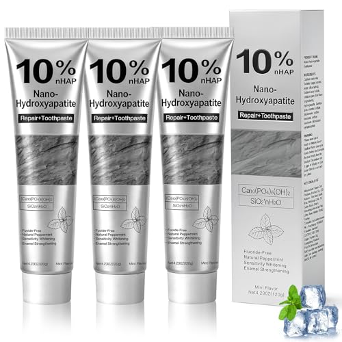 3 Piezas Dentífrica de hidroxiapatita 10% para reparar esmalte y fortalecer dientes, Limpieza Profunda y Aliento Fresco a Menta, 120g por Tubo