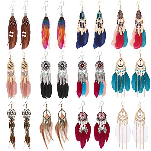 12 Pairs Women Feather Earrings Vintage Bohemian Earrings Long Drop Dangle Earrings Set With Dream Catcher Design
