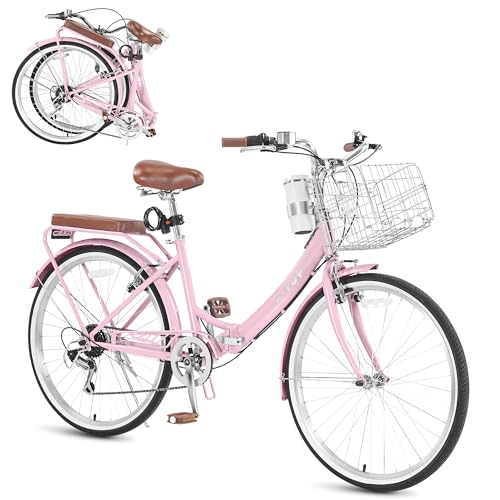 BGGFNZ 24/26 Inch Foldable Beach Cruiser Bike for Womens, 7 Speed Womens Bike with Basket and Coffee Cup, Commuting Bicycles for Women, Lightweight Complete Cruiser Bikes Bicycle for Ladies​​ Adults