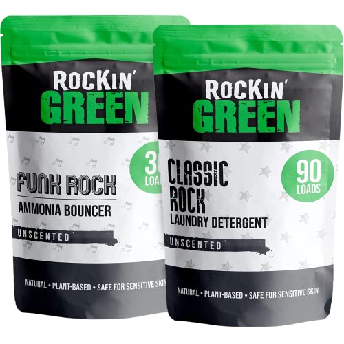 Image of Rockin' Green Natural Laundry Detergent Powder and Urine Destroyer Pre-Soak Bundle - Unscented, for Sensitive Skin - Classic Rock Laundry Detergent (90 Loads) & Funk Rock Ammonia Bouncer (30 Loads)