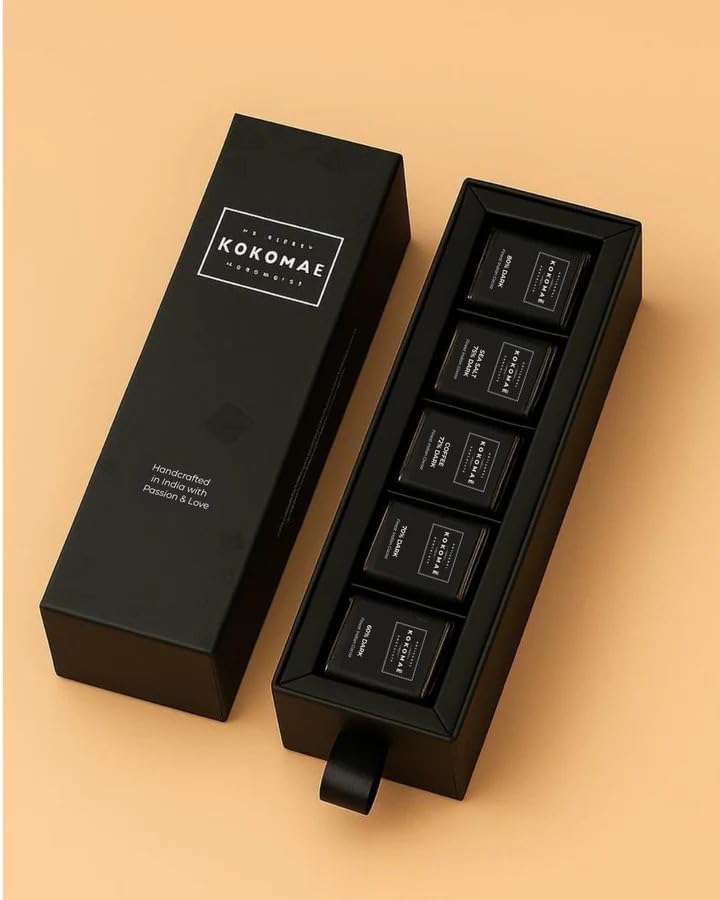 Image of KOKOMAE Single-Origin Bean-to-Bar Dark Chocolate Gift Box | 25 Mini Chocolate Bars | 5 Signature Flavours - 80%, 75% Sea Salt, 72% Coffee, 70% & 60% Dark Chocolate | Vegan | Crafted with Idukki, Kerala Cocoa | 145g