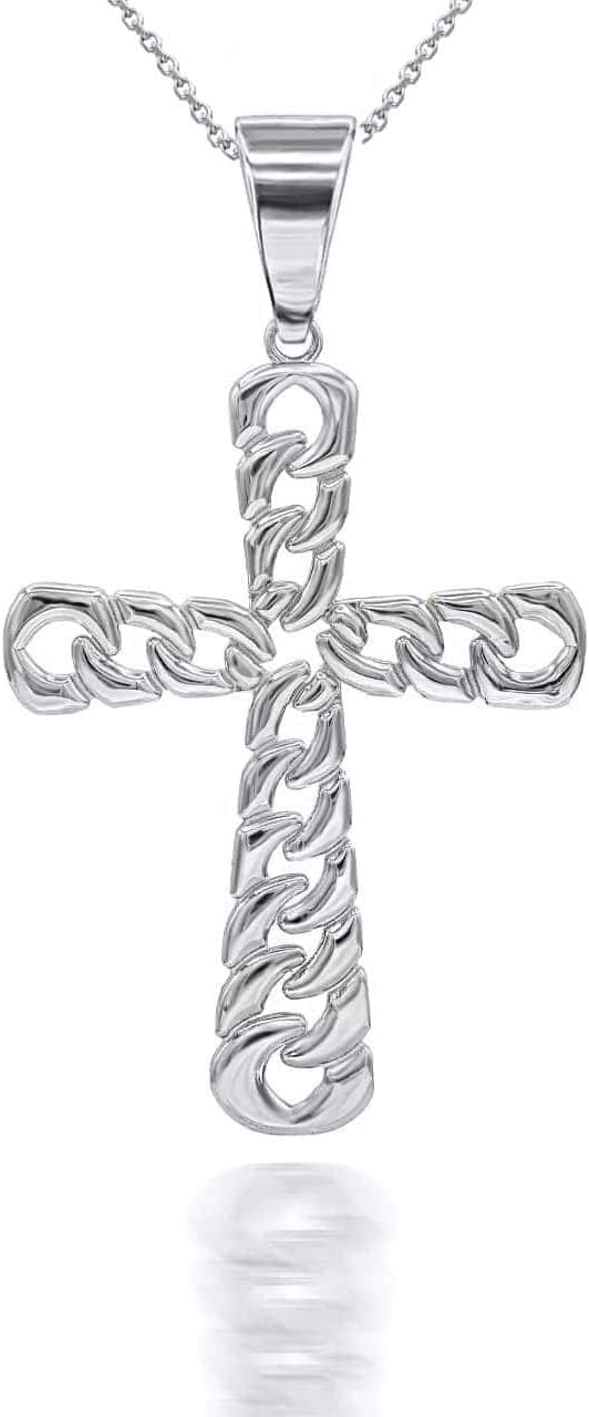 Claddagh Gold Solid Sterling Silver Mini Cuban Link Cross Pendant Necklace