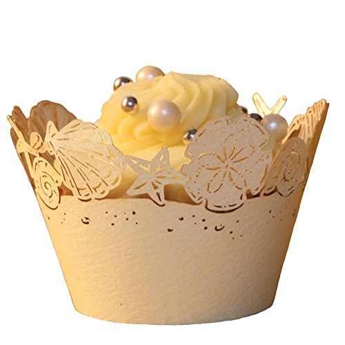 Worldoor Pack of 48 PCS Ivory Pearlescent Paper Beach Themed Wedding Sea Shells Seashell Cupcake Wrappers Seashells Regular Cupcake Wrapper Baby Shower Wedding Party Cake Liners Decoration (Ivory)