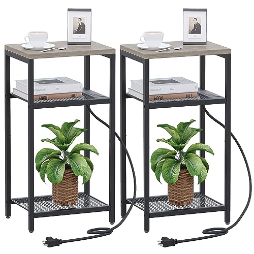 Tall-Side-Table-with-Charging-Station-End-Table-Set-of-2-3-Tier-Telephone-Table-Small-Table-Night-Stand-for-Small-Spaces-Living-Room-Bedroom-Greige-and-Black-JET001CSG2 Tall Side Table with Charging Station End Table Set of 2 3 Tier Telephone Table Small Table Night Stand for Small Spaces Living Room Bedroom Greige and Black JET001CSG2