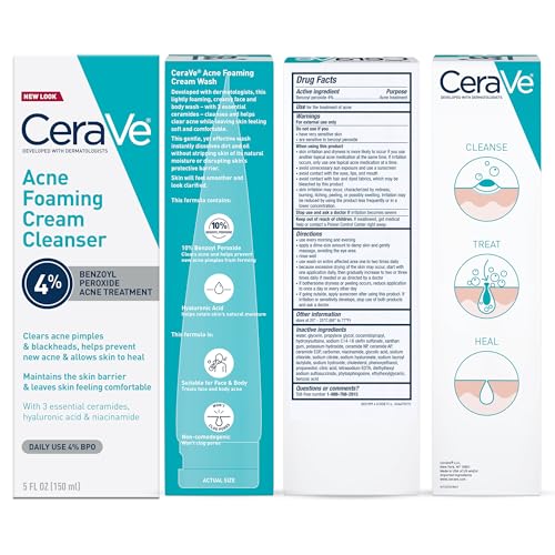CeraVe Foaming Acne Cream Cleanser, Face Wash with 4% Benzoyl Peroxide, 5oz - image 6