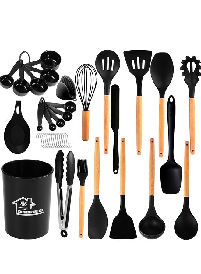 Wrakzoy Silicone Kitchen Utensils Set 37 Pieces Heat Resistant Wooden Handles for Nonstick Cookware Spatula Set with Storage Bucket Turner Spoon Brush