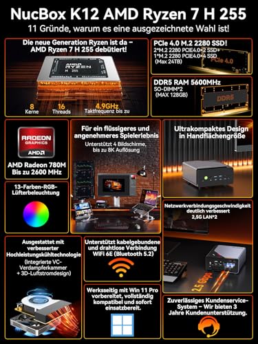 Mini Gaming PC AMD Ryzen 7 H 255 (Upgrade auf 8745HS, 4.9 GHz), 64GB DDR5 RAM, M.2 PCIE 4.0 x4 SSD 1TB, Mini-Computer mit USB4.0 | 2.5G LAN | Quad 4K Display | Oculink – für Gaming, Büro und Business