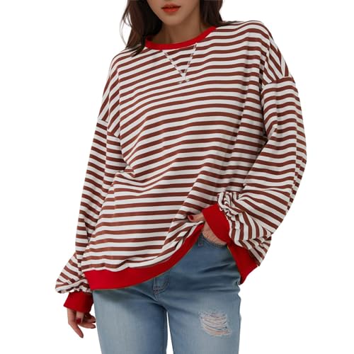 Women Oversized Striped Color Block Long Sleeve Crew Neck Sweatshirt Casual Loose Pullover Y2K Shirt Top Red - Thumbnail 4