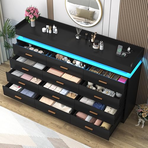 Image of Hlivelood 12 Drawer Dresser with LED Light and Charging Station, 70 inch Modern Chest of Drawers for Closet, Wide Drawer Organizer Cabinet for Bedroom, Living Room, Entryway, Hallway, Black