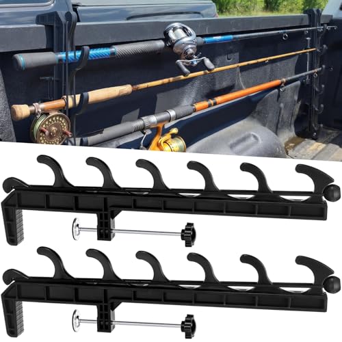 JolliLudo 2 Sets Truck Bed Fishing Rod Holder Fishing Pole Rack for Truck Holds 4 Rods Fits 2.36 Thick Rails Easy Install Kayak & Fly Rod Storage Stand(Black 6 Holes)