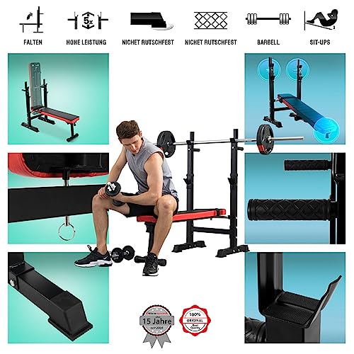 Ultrasport Hantelbank mit Ablage, mit Dip-Barren-Vorrichtung, 5fach verstellbar, Langhantel-Ablage, inkl. Haltegurt zur Nutzung als Sit-up Bank, belastbar bis 200 kg, Bankdrücken