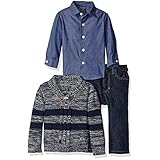 Nautica Baby Three Piece Set with Woven, Striped Shawl Sweater, Denim Jean, Sport Navy, 18 Months