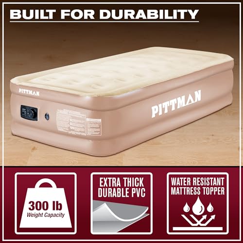 Image of Pittman - Tan Air Mattress Twin with Built in Pump - 18 inch Double High Twin Air Mattress with Built in Pump That Inflates & Deflates - Twin Blow Up Air Mattress is Ideal for Guests or Camping