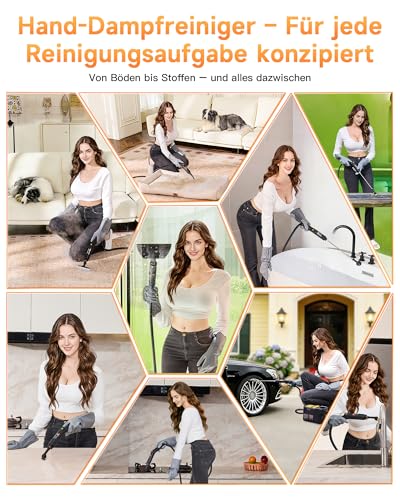 Gautye Gautye Dampfreiniger 3 stufig verstellbarer Griff, 10 Sekunden Aufheizzeit, 2L Wassertank, steam cleaner mit 18 Zubehörteilen, Dampfreiniger handgerät für Küche, Badezimmern, Boden, Autos, Fenstern - Designansicht 6 | Bodendampfreiniger
