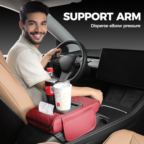 Image of FREESOO Car Center Console Cover, Leather Armrest Cover for Car, Universal Middle Console Cushion With Storage Box, Cup Holder, Tissue Box, Phone Slot, Luxury Waterproof Interior Accessories, Wine Red
