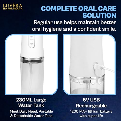Image of L'UVERA Portable Water Flosser for Teeth, Cordless Oral Irrigator with 3 Cleaning Modes, 4 Jet Tips, 230ML Detachable Water Tank, USB Rechargeable Dental Flosser for Home & Travel (White /Green /Pink)