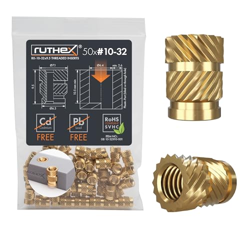 ruthex #10-32 Threaded Inserts - 50 Pieces RX-10-32x9.5 Brass Heat Set Insert for Plastic Parts - Inches knurled Nuts - Insert by Heat into 3D Printing Components
