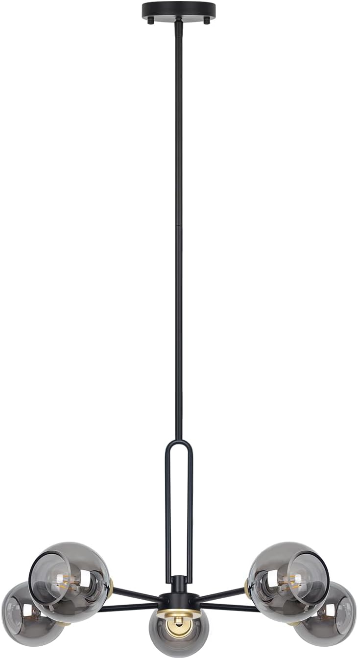5-Light Globe Chandelier Pendant Lighting - Modern Large Semi-Flush Ceiling Light Fixture with Smoked Glass, Black Dining Room Light Fixture, Sputnik Light Fixture for Kitchen Living Room Bedroom