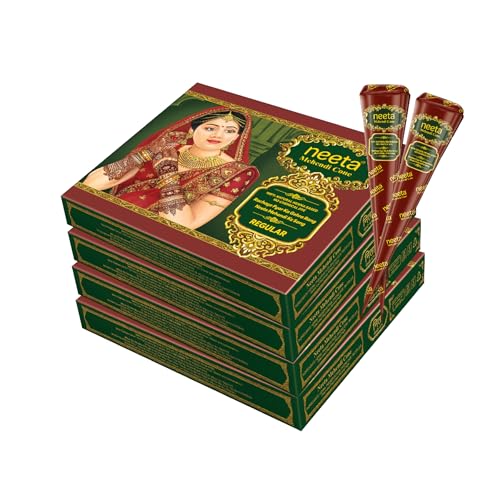 Image of Neeta Mehendi Cones for Hand 12 Pcs in 1 Box (Pack of 4) Bridal Mehndi Cones Natural Mehendi Cone for Wedding, Hand Designing, Reddish Brown Color Long Lasting Niddle Cones for Women