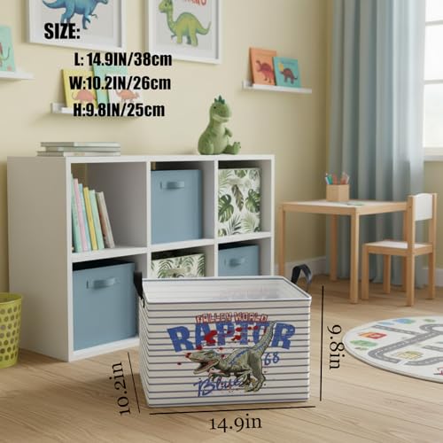 Image of Kid Dinosaur Storage Basket, Blue Striped Tyrannosaurus Rex | Rectangular, Collapsible, Room Decor, Nursery Gift Basket, Baby