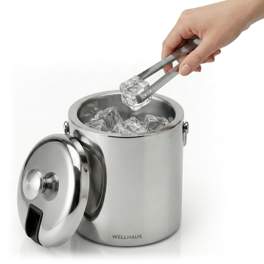 Eiswürfelbehälter mit Deckel – Eisbehälter für Eiswürfel Edelstahl 1,3L, Eiskübel Doppelwandiger & Isolierter aus Eiswürfelzange, Kompakt und Platzsparend Ideal für Kleine Küchen (Silber)