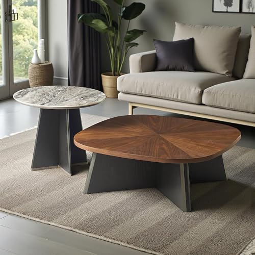 Image of The Attic Eclisse Modern Walnut & Stone Coffee Table Set - Designer Dual-Height Center Table with Artistic Geometry for Living Room Decor