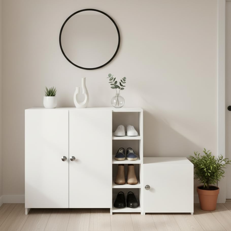 Image of FURNEASER Fusia Modern Shoe Rack Cabinet | Engineered Wood Shoe Storage with Doors & Shelves | Elegant Footwear Organizer for Entryway & Home (White)