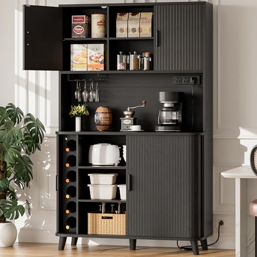 Image of Lulive 71 inch Tall Pantry Cabinet with Rolling & Sliding Doors, 39 inch Wide Kitchen Storage Cabinet with Charging Station and Open Countertop, Modern Kitchen Pantry Cabinet for Dining Room, Black