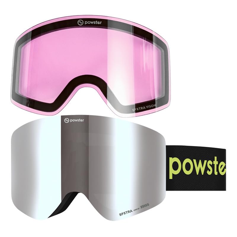 Powster Gafas de esquí en polvo, gafas de snowboard OTG, lentes intercambiables magnéticas, sin marco, protección UV, antiniebla, patinaje móvil