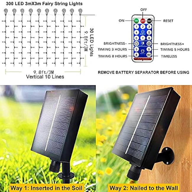 Upgraded Solar Curtain Lights Outdoor Garden Fairy String Lights 300 LED 8 Modes Remote Control Waterproof Waterfall Lights for Gazebo Patio Party Festival Wedding Christmas Decorations(Warm)