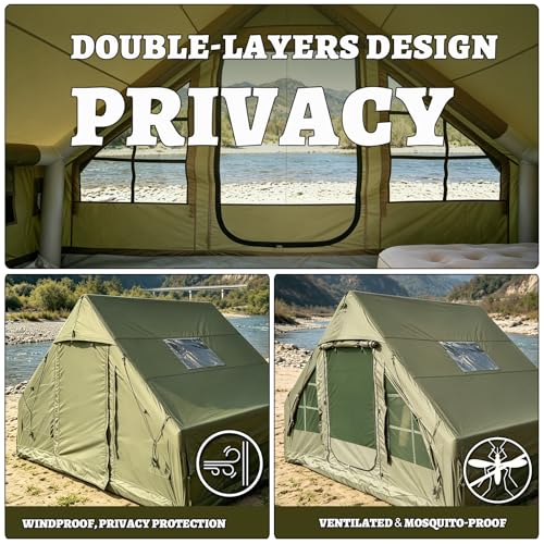 Image of Inflatable Camping Tents with Hand Pump, Air Glamping Tents, Easy Setup Waterproof and Windproof Blow up Tent, 4 Seasons Oxford Cabin Tent with Mesh Window & Stove Jack.